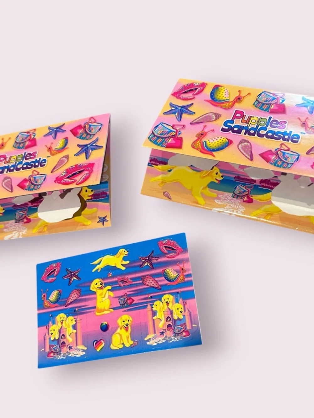 Vintage Lisa Frank Puppies Sandcastle 3D Cards (2) With Sticker Set Unique
